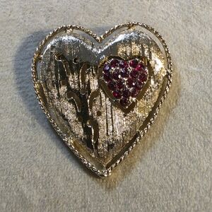Vintage Signed Gold Heart Brooch with Red Gem Accents